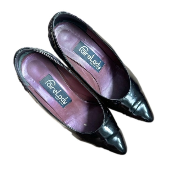 Vintage Faire Lady Black Patent Leather Pumps Aztec Cross Stitch Shoes Size 37 - Picture 2 of 16